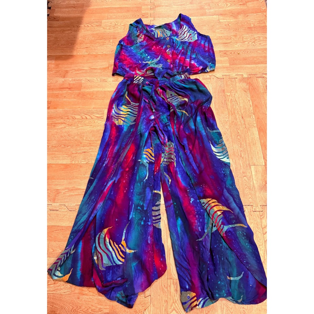 Bali Batik Fish Print 2 Piece Set Tank Top Wide Leg Pants Purple Blue Small